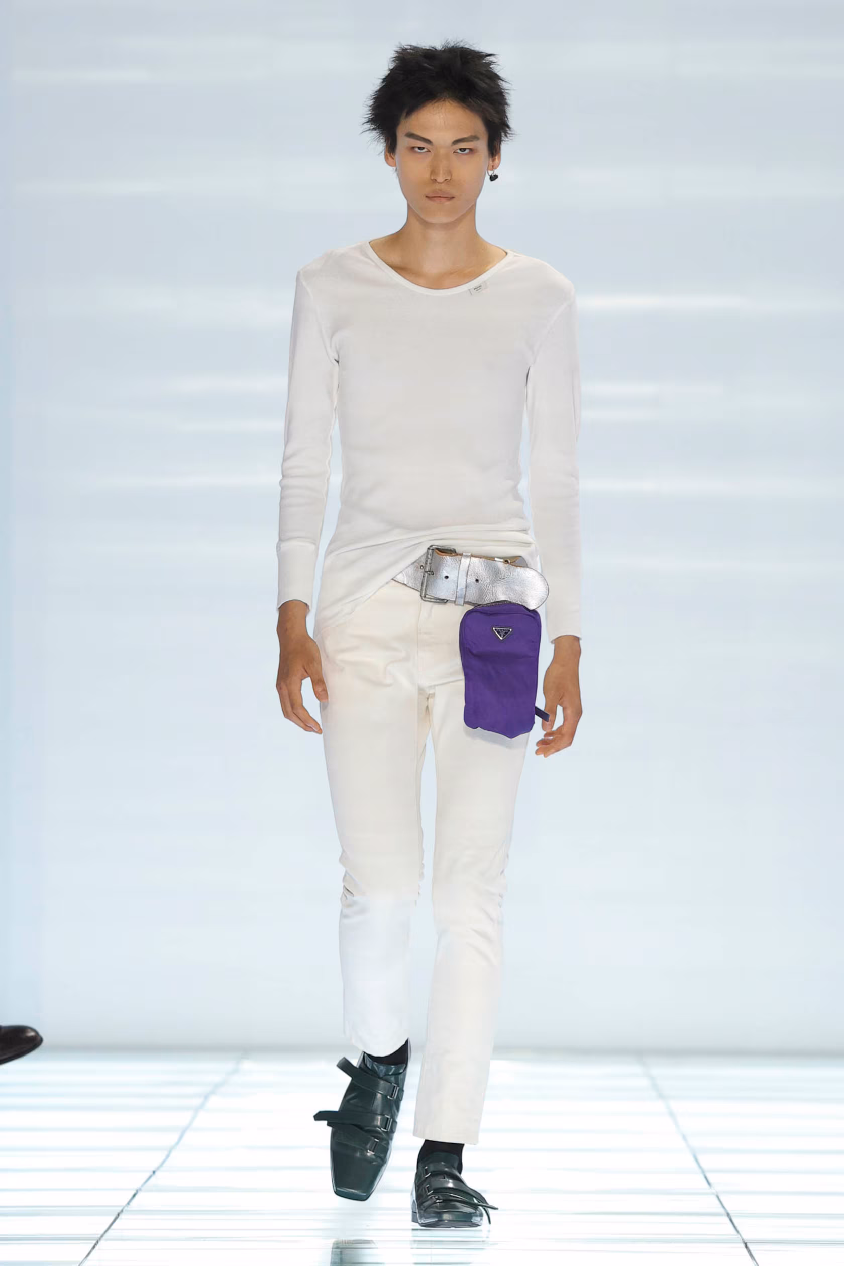 Prada Spring/Summer 2027 menswear white look with purple waist pouch