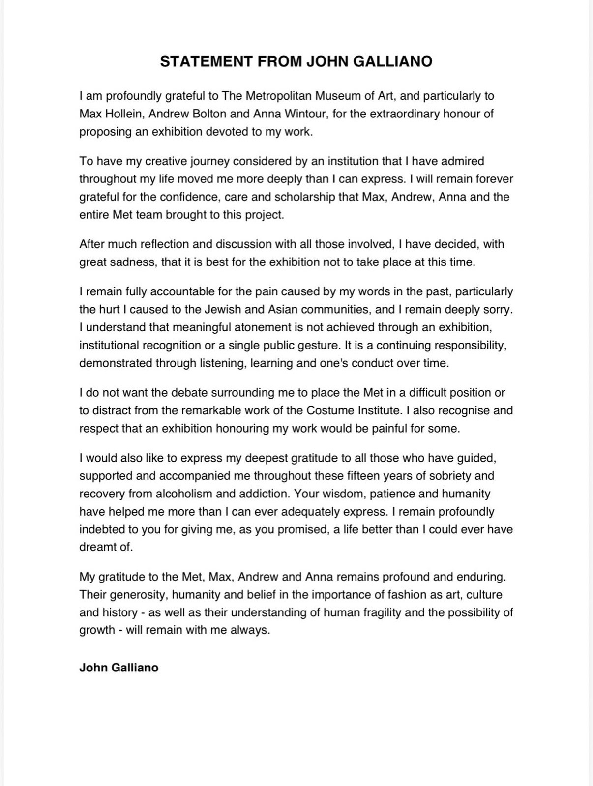 John Galliano Has Stepped Away From the 2027 Met Exhibition Vanity Teen 虚荣青年 Screenshot of John Galliano's official statement on Instagram (@jgalliano) announcing his withdrawal from the Met's 2027 exhibition.