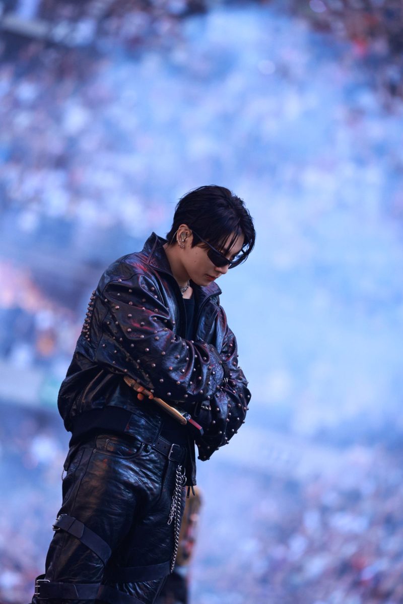 Jung Kook of BTS wearing a custom black leather Balenciaga look during the ARIRANG World Tour in Paris.